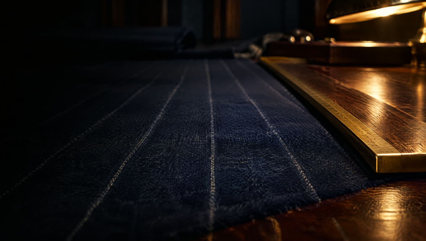 Paño azul noche de raya diplomática sobre una mesa de corte de caoba, con una regla de latón