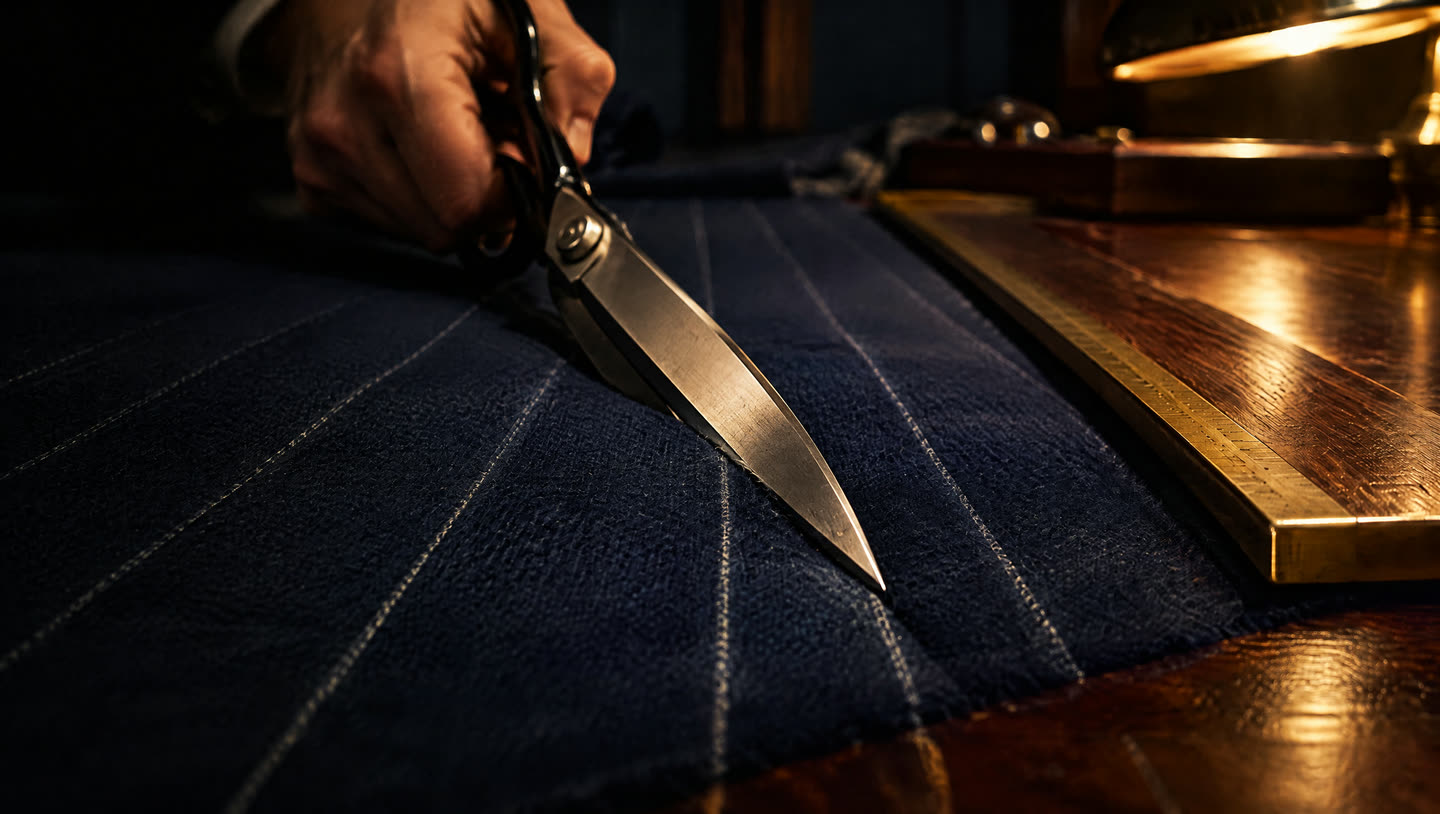 Tijeras de sastre cortando un paño azul de raya diplomática sobre una mesa de caoba